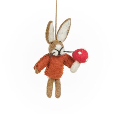 Handmade Felt Autumnal Russell the Hare Toadstool Forager Hanging Decoration