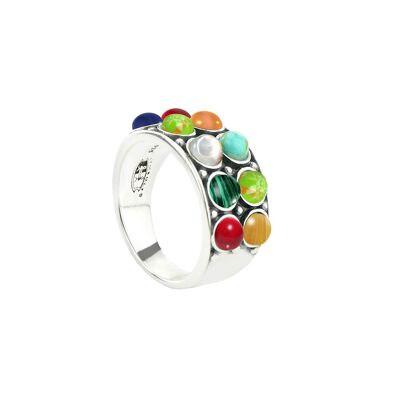 Malachite, oeil de tigre, agate jaune, vadrouille blanche, turquoise bleue, turquoise verte, lapis et corail rouge -Ring-9SY-0064-50