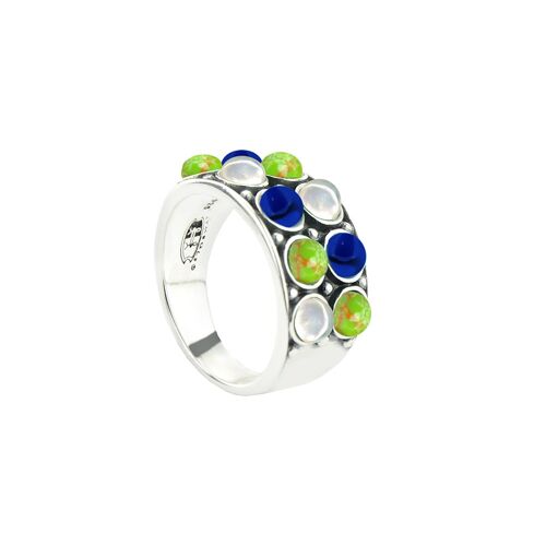 Green Turquoise, Lapis and White Mop -Ring-9SY-0065-54
