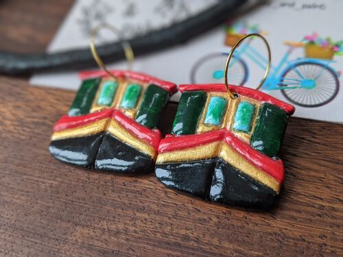 Canal boat earrings, canal art earrings, clay boat earrings