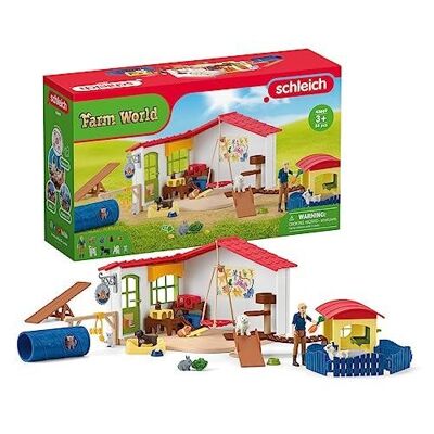 Schleich - Ensemble de jeu Hotel des Animaux : 32 x 47 x 16,5 cm - Univers Farm World - Coffret, 35 Pièces dont 1 figurine soigneuse et figurines animaux de la ferme - Réf : 42607