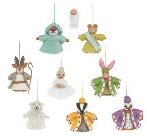 Handmade Felt Woodland Nativity (Set of 9) Hanging Decorations