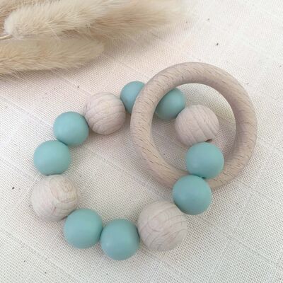 Water green teething rattle in silicone and beech wood