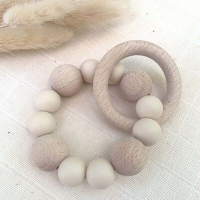 Ecru teething rattle in beech wood and silicone