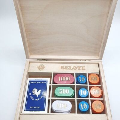 Wooden card box - Belote & 90 tokens