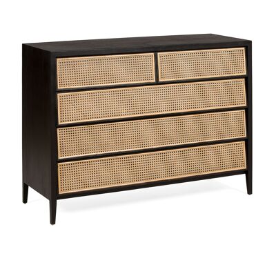 CHEST OF 5 DRAWERS 125X45X90 BLACK WOOD/NATURAL RATTAN TH7647016