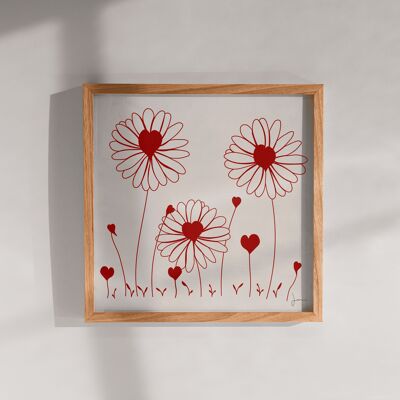 Illustration Cœur de fleurs - Affiche fleurie poétique - rouge