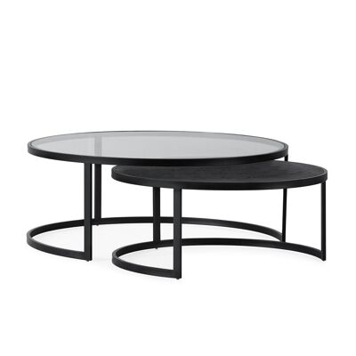 SET/2 TABLE BASSE 110X100X42 VERRE TREMPÉ/BOIS/MÉTAL NOIR TH1610800