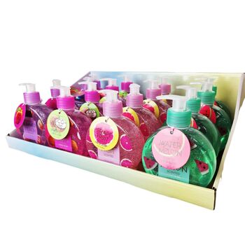 Distributeur savon mains 250ml FRUIT FIESTA, 4 modèles et senteurs assortis  Coco/Pêche/Melon/Pamplemousse - 350514 1