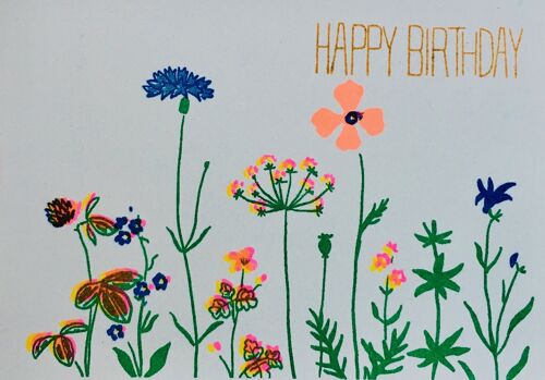 Karte Happy Birthday Orangene und Blaue Blumen