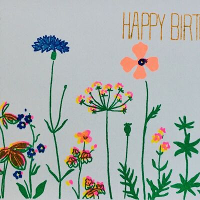Tarjeta de feliz cumpleaños con flores naranjas y azules