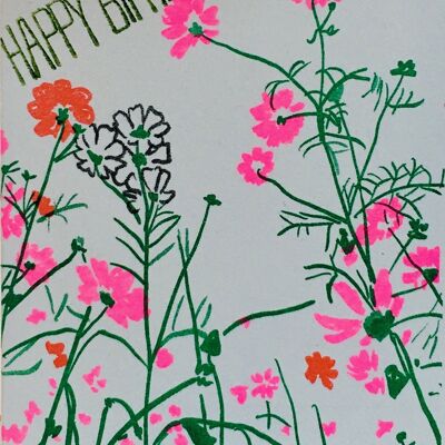 Card Happy Birthday pink and red flowers