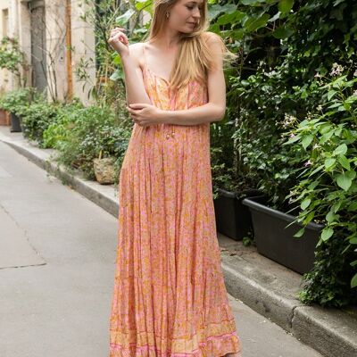 Long dress with thin straps with bohemian print and strings
