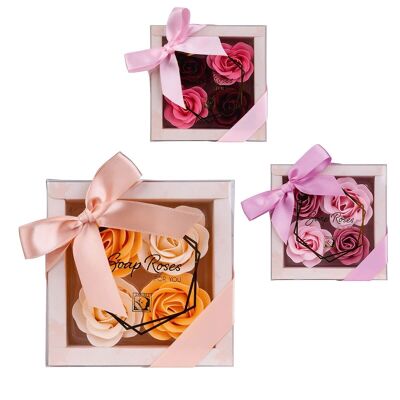 Caja de 4 rosas de jabón, 3 modelos surtidos, aroma rosa - 3558045