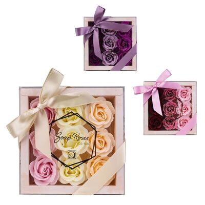 Scatola da 9 rose di sapone, 3 modelli assortiti, profumo di rosa - 3558046