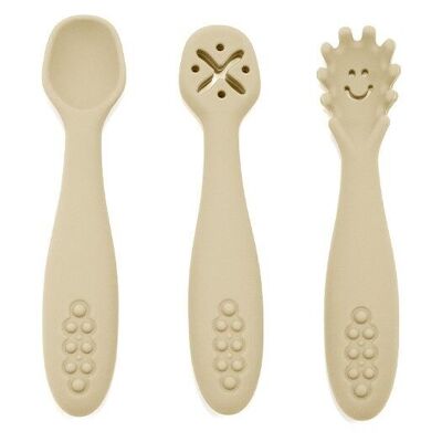 Set of 3 silicone learning spoons for baby's food diversification - SAND