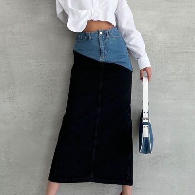 Long skirt with high waist and denim insert - ISLA