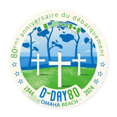 Sticker/autocollant "Omaha-Beach" - D-Day - commémoration du débarquement Normandie 80 ans - illustration (12 cm)
