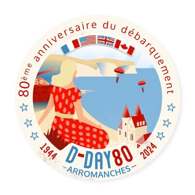 Sticker/autocollant "Arromanches" - D-Day - commémoration du débarquement Normandie 80 ans - illustration (12 cm)