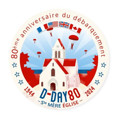 Sticker/autocollant "Ste Mère Eglise" - D-Day - commémoration du débarquement Normandie 80 ans - illustration (12 cm)