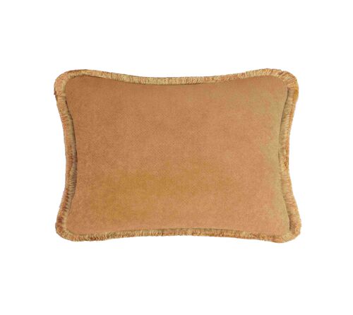 Camel Velvet Cushion With Fringes