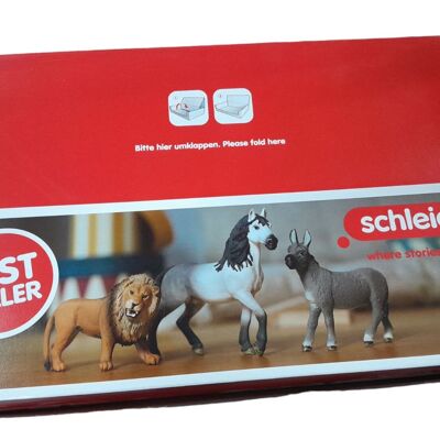 Schleich - Esposizione Best of Figurines - 34 pezzi (Asino - Coniglio - Cucciolo di panda - Leone - Stallone andaluso - Cavalla frisona)