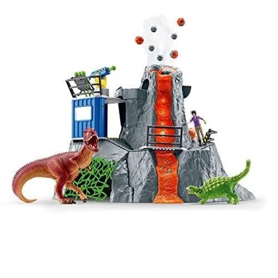 Schleich - Juego de Expedición al Gran Volcán, Juego de Figuras de Dinosaurios con Volcán en Erupción LED, Figura de Investigador y 2 Juguetes de Dinosaurios para Niños a Partir de 5 Años