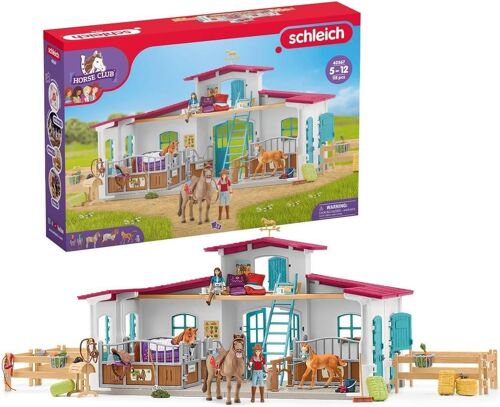 schleich  - Ensemble de jeu et figurines Nouveau Centre Équestre de Lakeside : 84 x 27 x 31 cm - Univers Horse Club -  56 éléments inclus dont 2 personnages et 3 chevaux - Réf : 42567