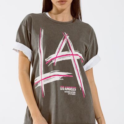 Camiseta oversize gris Prints LA Los Angeles en rosa y blanco