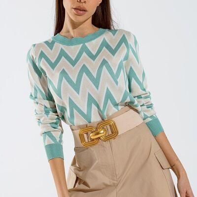 Jersey turquesa con estampado zig zag en color Beige con detalles en blanco