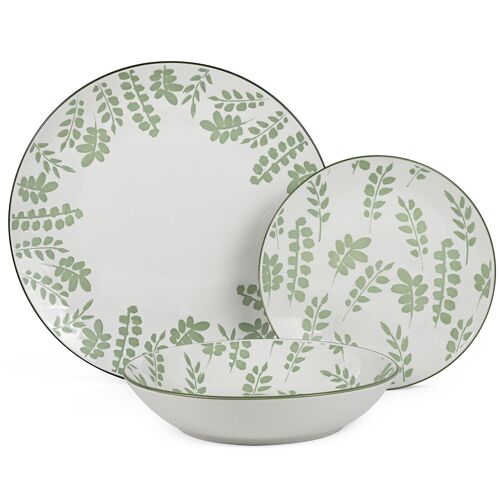 VAJILLA 18 PZS PORCELANA BLANCO HOJAS VERDES,PLATO LLANO:ø27 _POSTRE:°19CM,HONDO:°20X4CM LL7264