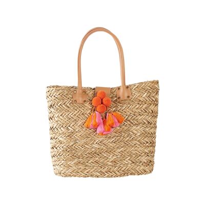 Straw shopper with leather-look handle