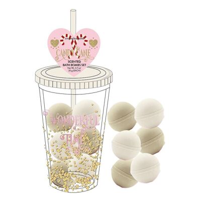 Coffret 6 boules effervescentes+ gobelet isotherme CANDY CANE, senteur sucre d'orge - 500983