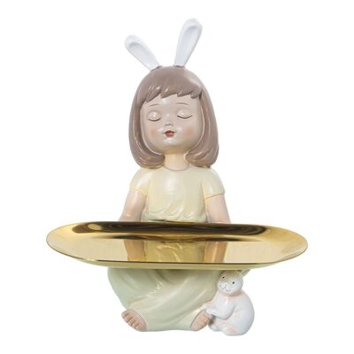 RESIN FIGURE SITTING GIRL WITH EARS AND METAL TRAY _12X12X21CM LL50439