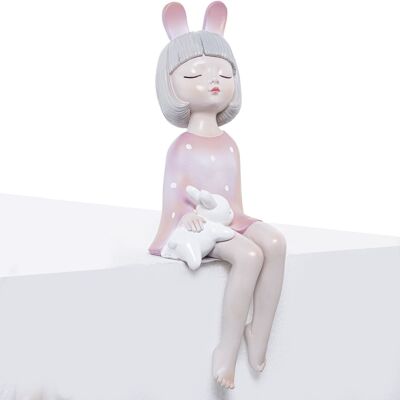 FIGURINE EN RÉSINE DE FILLE ROSE ASSISE AVEC OREILLES ET LAPIN _12X12X32CM LL50441