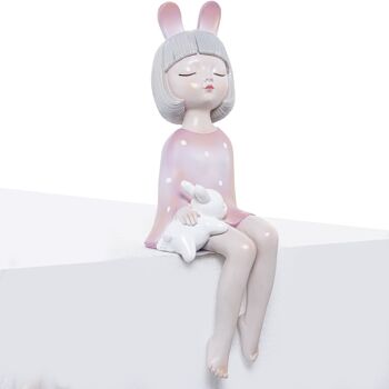 FIGURINE EN RÉSINE DE FILLE ROSE ASSISE AVEC OREILLES ET LAPIN _12X12X32CM LL50441 1