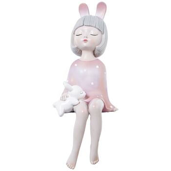 FIGURINE EN RÉSINE DE FILLE ROSE ASSISE AVEC OREILLES ET LAPIN _12X12X32CM LL50441 2