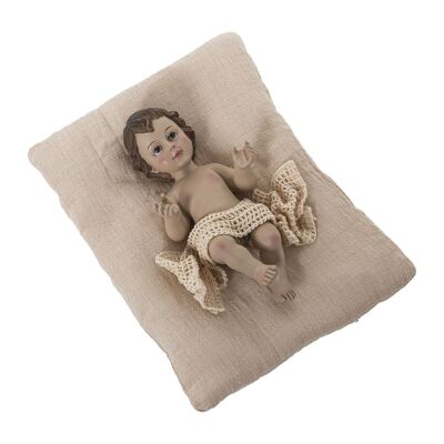 RESIN FIGURE CHILD JESUS ​​18CMC/BEIGE LINEN CUSHION _FIG:9X18X7CM CUSHION:22X15X4CM LL50475