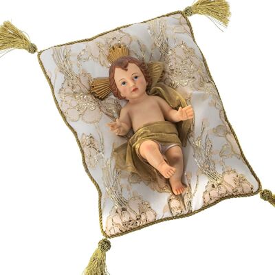 RESIN FIGURE CHILD JESUS ​​28CMC/BEIG/GOLD CUSHION _FIG:13X28X8CM CUSHION:24X32X6CM LL50480