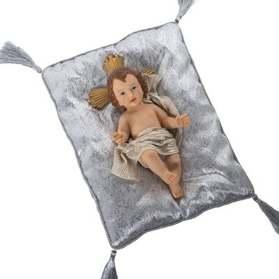 FIGURINE RESINE ENFANT JESUS ​​28CMC/GRIS/ARGENT COUSSIN _FIG:13X28X8CM COUSSIN:24X32X6CM LL50478