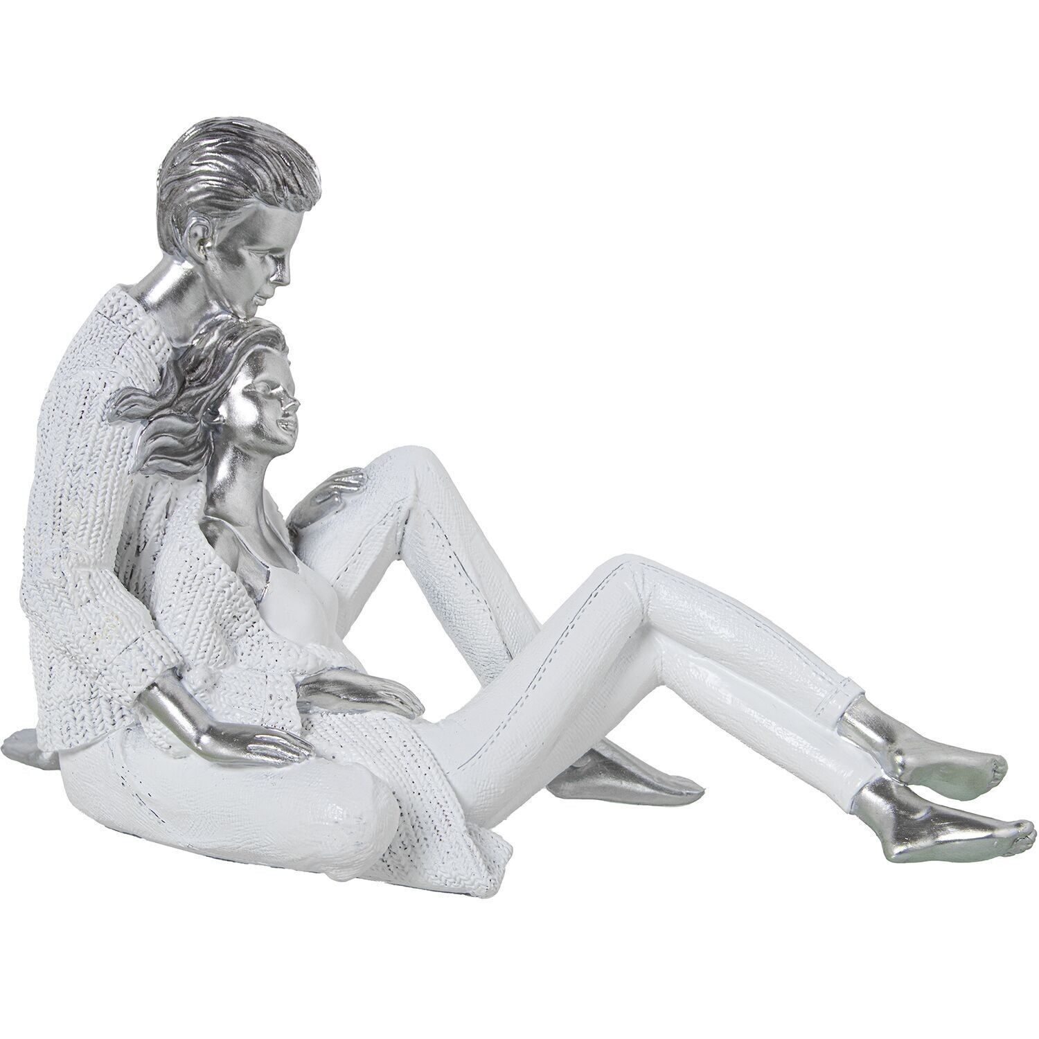 HARZFIGUR DES SITZENDEN PAARES WEISS/SILBER _24X12X15CM LL50458