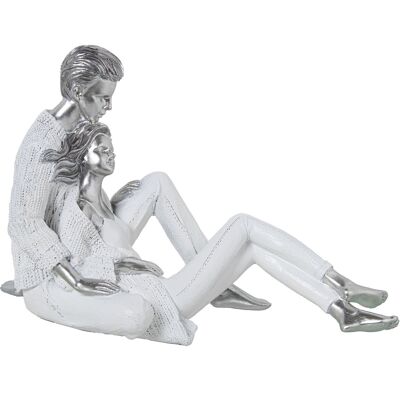 FIGURA COPPIA SEDUTA IN RESINA BIANCO/ARGENTO _24X12X15CM LL50458