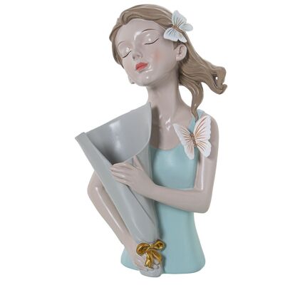 FIGURINE EN RÉSINE TORSE FILLE AVEC VASE, T-SHIRT VERT _16X12X31CM LL50445