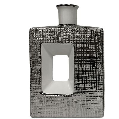 VASO CERAMICA CON FORO 28CM ARGENTO/BIANCO LUCIDO _18X7X28CM LL61150