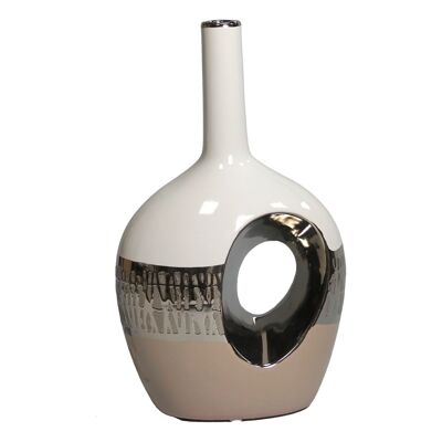 VASO CERAMICA CON FORO 31CM BIANCO/ARGENTO/BEIGE _18X12X31CM LL61162
