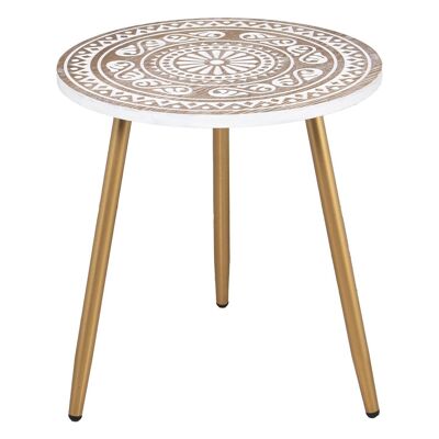 NATURAL/WHITE CARVED WOOD SIDE TABLE METAL LEGS DOR _°45X48CM, MDF WOOD LL71949