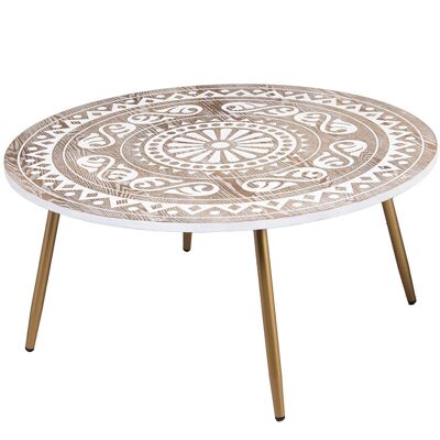 NATURAL/WHITE CARVED WOOD COFFEE TABLE GOLDEN METAL LEGS _°90X42CM, MDF WOOD LL71948