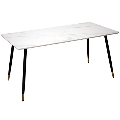 Esstisch aus Holz mit weißem Marmoreffekt +84230, 160 x 80 x 76 cm, schwarze Metallbeine, LL84222