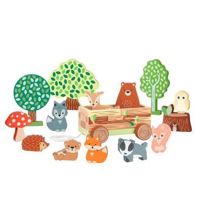 Juego de bosque | con carro de madera para que los animales paseen por el bosque