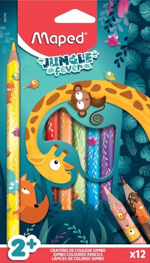 Crayons de couleur Jumbo Jungle Fever x12 - Maped - Crayons pour enfants, crayons pour bébé - Boite de 12 crayons